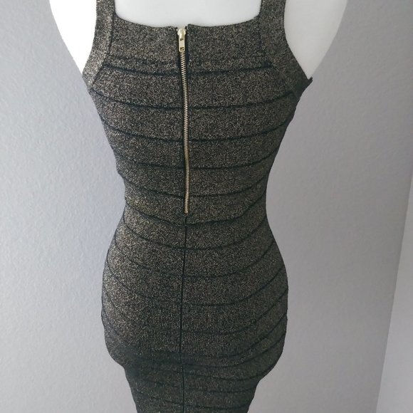 Guess Bodycon V-neck Black Gold Dress LBD Small - Picture 8 of 12